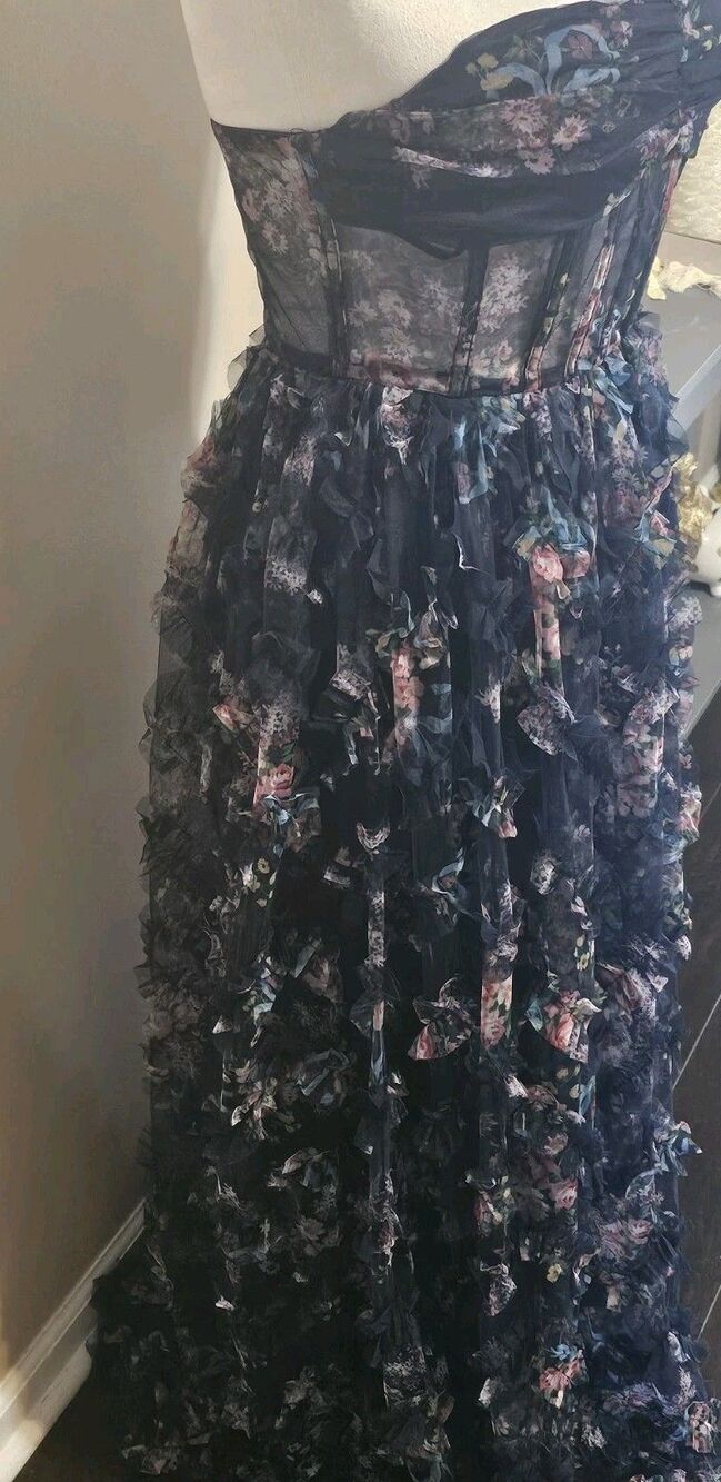 LULUS Stunning Element Navy Floral Mesh Ruffled Strapless Maxi Dress Size Small - Picture 4 of 13